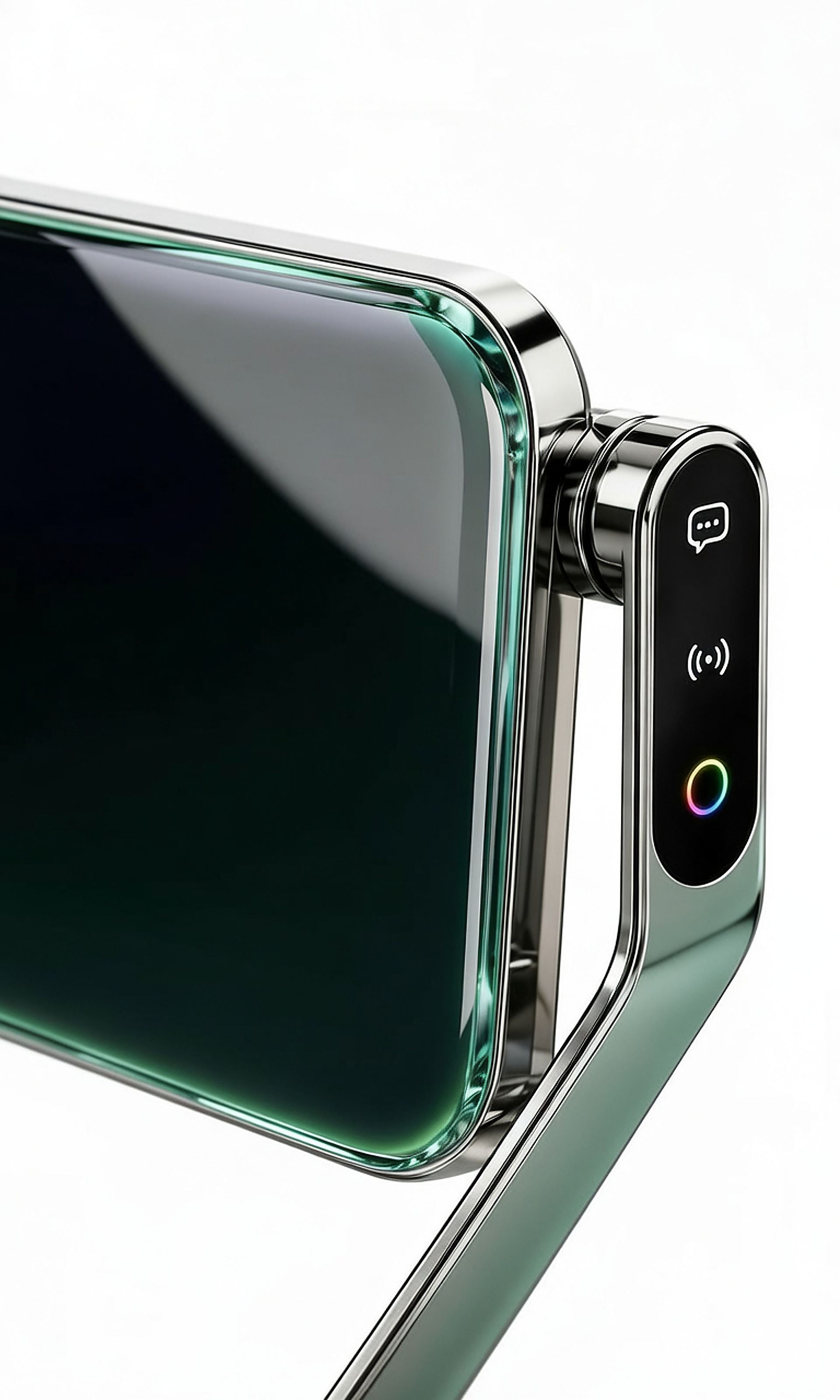 Macro detail of the Attracted device — curved glass display with polished chrome frame and the side control panel with chat, NFC and illuminated ring icons
